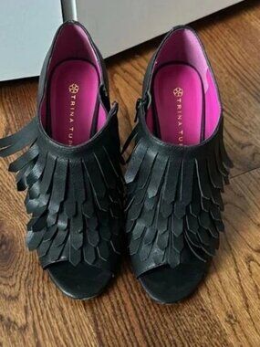 Trina Turk Peep Toe Fringe Leather Booties Size 8